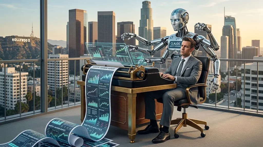 Illustration of a multi-armed robot assisting a financial advisor at a desk overlooking Los Angeles